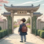 Illustration of a student looking towards the entrance gate of a Korean university, symbolizing the...
