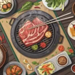 Overhead shot of a Korean BBQ table laden with food, side dishes, and soju, symbolizing a Korean com...