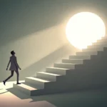 Stylized graphic showing a figure climbing glowing steps towards a lightbulb, symbolizing learning a...