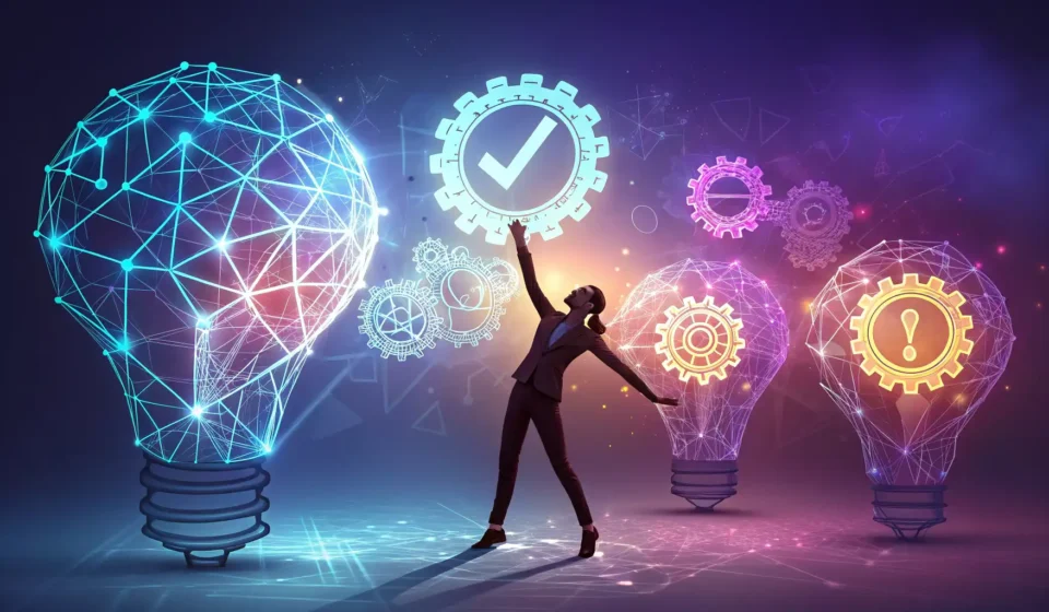Abstract image symbolizing complex philosophical concepts in Korean, featuring glowing shapes intert...