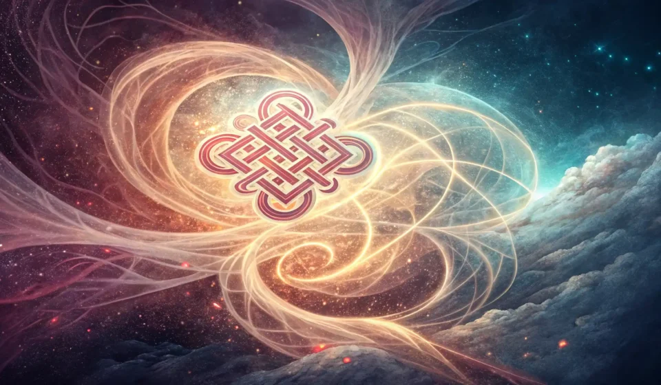 Abstract image symbolizing complex Korean expressions: a Korean endless knot dissolves into swirling...