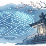 Abstract Korean ink wash style image symbolizing a philosophical debate: a glowing blue circuit patt...