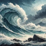 Abstract Korean ink wash style image of a stormy sea with large crashing waves, symbolizing learning...