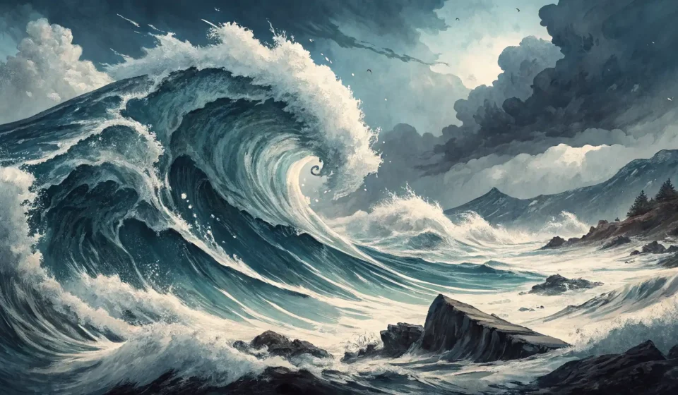 Abstract Korean ink wash style image of a stormy sea with large crashing waves, symbolizing learning...