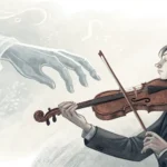 Korean ink painting style thumbnail showing a ghostly hand guiding a living hand with a violin bow o...