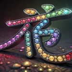 Stylized Korean Hangul character 'hieut' formed from glowing dawn-colored gems against a misty Korea...