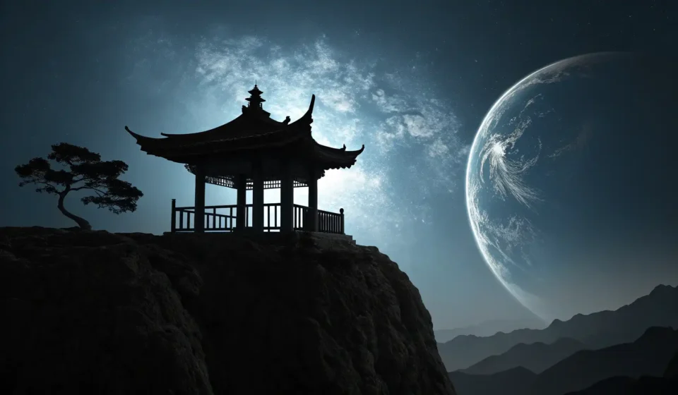 Thumbnail for Korean language lesson showing a Korean pavilion silhouette on the moon with Earth, a...
