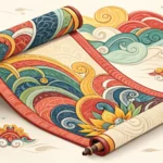A stylized Korean scroll unfurls, showing complex, shifting lines representing a difficult path, sym...