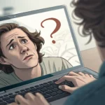 Illustration of a person looking questioningly at a laptop displaying an error symbol, representing...