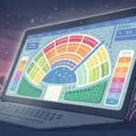 Stylized illustration showing a computer screen with a concert seat map, symbolizing online ticket b...
