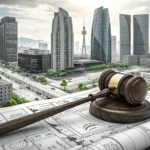 Illustration symbolizing Korean construction arbitration: a gavel and blueprints before a modern Kor...