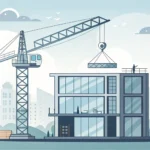 Stylized illustration of a modern Korean construction site with a crane, representing the Korean lea...