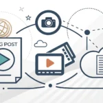 Abstract graphic illustrating content marketing concepts with digital icons arranged around a styliz...