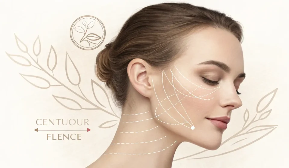 Abstract illustration symbolizing facial contouring refinement with elegant lines and soft colors, r...