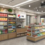 Interior view of a brightly lit Korean convenience store aisle, shelves packed with various iconic K...