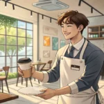 Illustration of a Korean barista chatting with a customer in a bright cafe, handing over coffee, wit...
