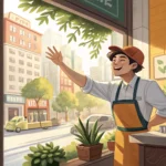 A Korean barista in a cafe discusses a nearby mountain hiking trail visible through the window with...