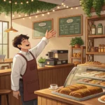 A friendly Korean barista in a cozy cafe chats animatedly with a customer, subtly hinting at a local...