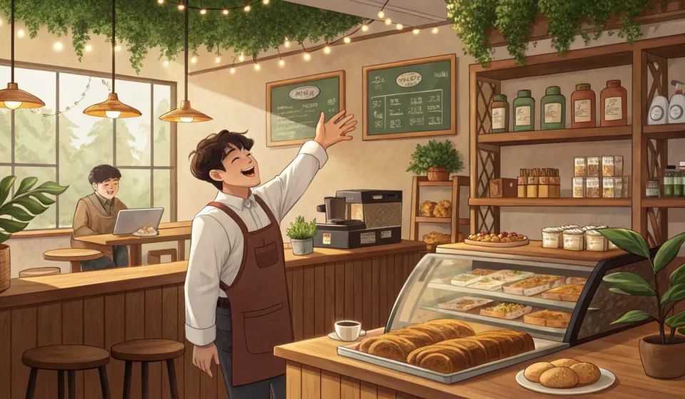 A friendly Korean barista in a cozy cafe chats animatedly with a customer, subtly hinting at a local...