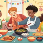Illustration depicting diverse students enjoying a Korean cooking class, preparing colorful dishes l...