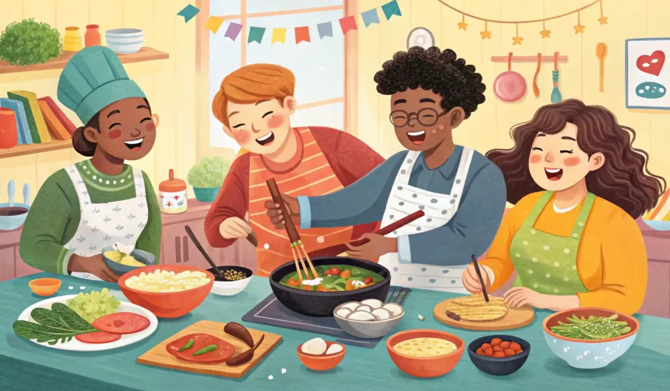 Illustration depicting diverse students enjoying a Korean cooking class, preparing colorful dishes l...