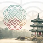 Abstract geometric shapes in traditional Korean colors (blue, red, yellow, white, black) interlock t...