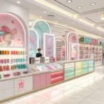 Brightly lit shelves inside a modern Korean cosmetics store, showcasing a variety of colorful K-beau...