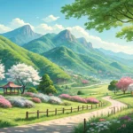 Illustration depicting a beautiful Korean park scene with green mountains, a forest trail, and a tra...