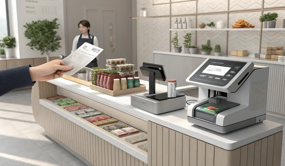 Illustration depicting a coupon being held near a checkout scanner in Korea, with a red X symbol ind...