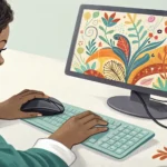 Illustration depicting hands using a computer for Korean school course registration, with a stylized...