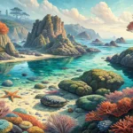 A vibrant, painterly depiction of a Korean tide pool at low tide, featuring intricate, sculpted-look...
