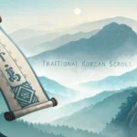 A traditional Korean scroll unfurls before a misty mountain range, symbolizing creative expression a...