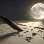 A close-up of a Korean calligraphy brush writing on traditional paper under moonlight, symbolizing l...
