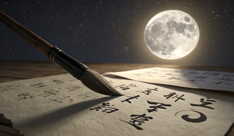 A close-up of a Korean calligraphy brush writing on traditional paper under moonlight, symbolizing l...