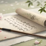 A Korean calligraphy brush and inkstone sit beside an open scroll under a large full moon seen throu...