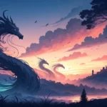 Abstract ink brush strokes resembling mythical figures against a twilight sky with Korean patterns,...
