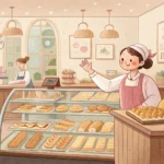 Illustration of a customer interacting with a baker in a cozy Korean bakery, discussing custom cakes...