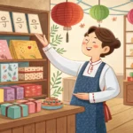 Illustration of a customer discussing custom gift box options with a friendly Korean shop owner surr...