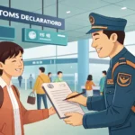 Illustration showing a traveler submitting a customs declaration form to a Korean customs officer at...