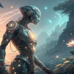 A cyborg explorer negotiating with a Korean-inspired jungle spirit over a glowing vine map in a lush...
