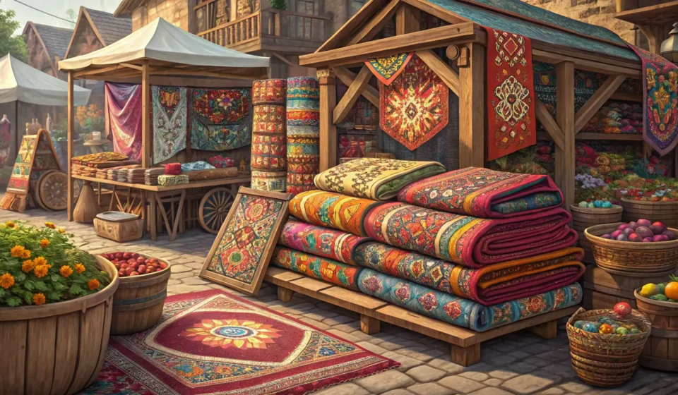 Close-up of a colorful Korean rug with a slight tear at a market stall, symbolizing asking for a dis...