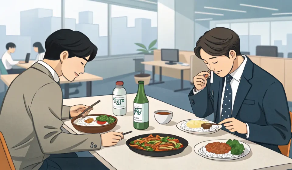 Two colleagues discussing work matters while eating a Korean lunch together, symbolizing how to talk...