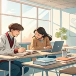 Two Korean university students discuss study notes in a classroom setting, illustrating how to ask a...