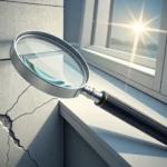 Illustration symbolizing Korean defect repair (하자보수), showing a magnifying glass inspecting a crack...