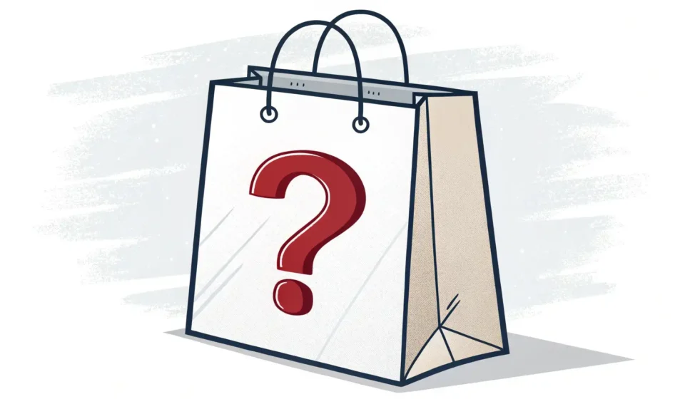 Graphic showing a shopping bag with a question mark, symbolizing issues with purchases, for a Korean...