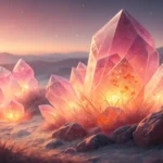 Stylized glowing gems pulsing with dawn light on a Korean patterned surface, representing a Korean l...