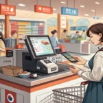 Illustration depicting a shopper encountering an issue with a promotional code at a Korean checkout...