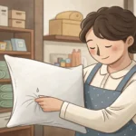 Shopper politely points out a small tear on a pillowcase to a clerk in a Korean store, implicitly as...