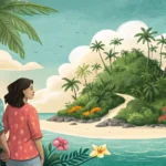 An illustration depicting a couple contemplating two different tropical island destinations, symboli...