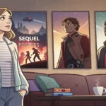 Illustration of two friends looking undecided while choosing between two movie sequel posters outsid...